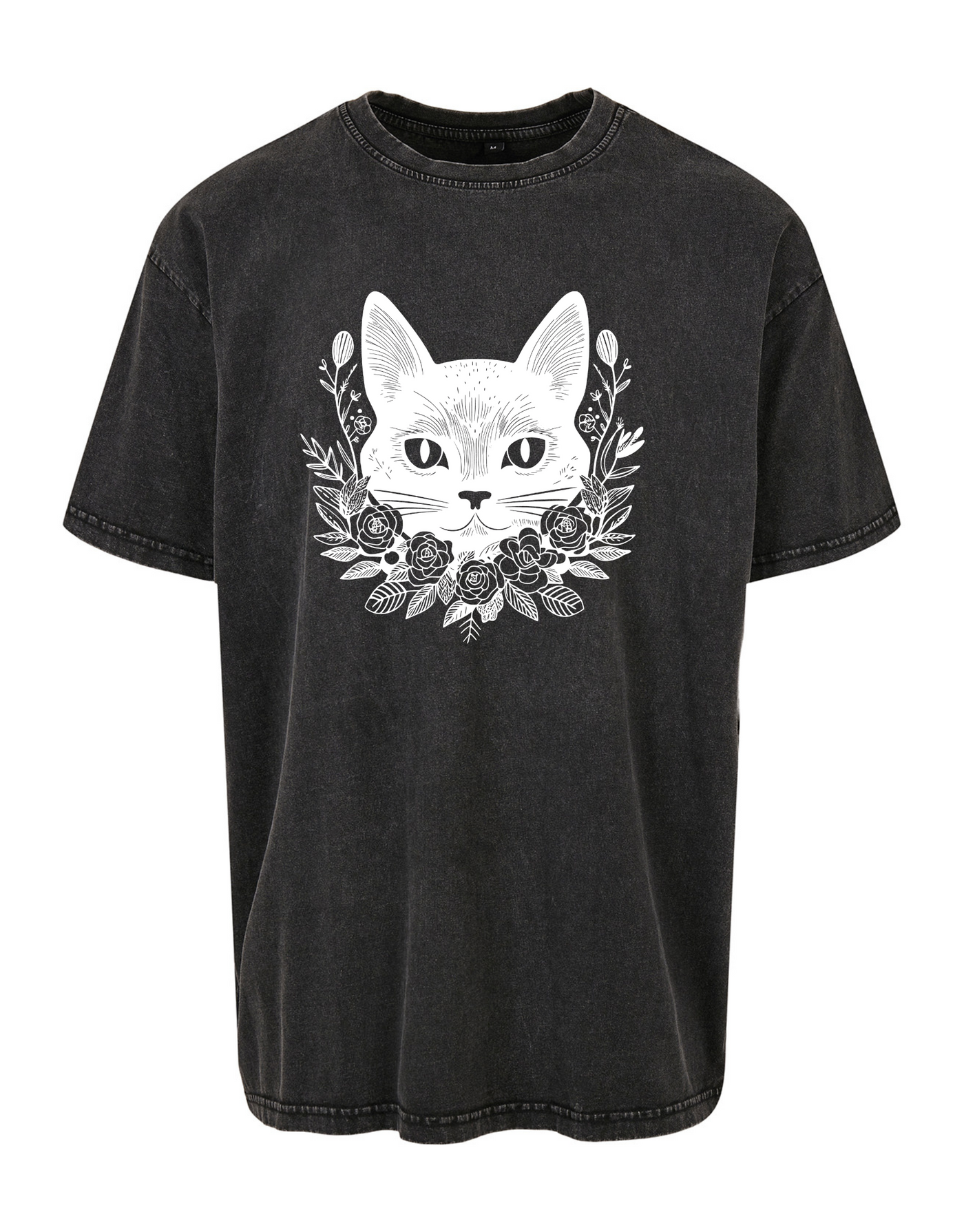 Black Cat & Roses Unisex Acid Wash T-Shirt