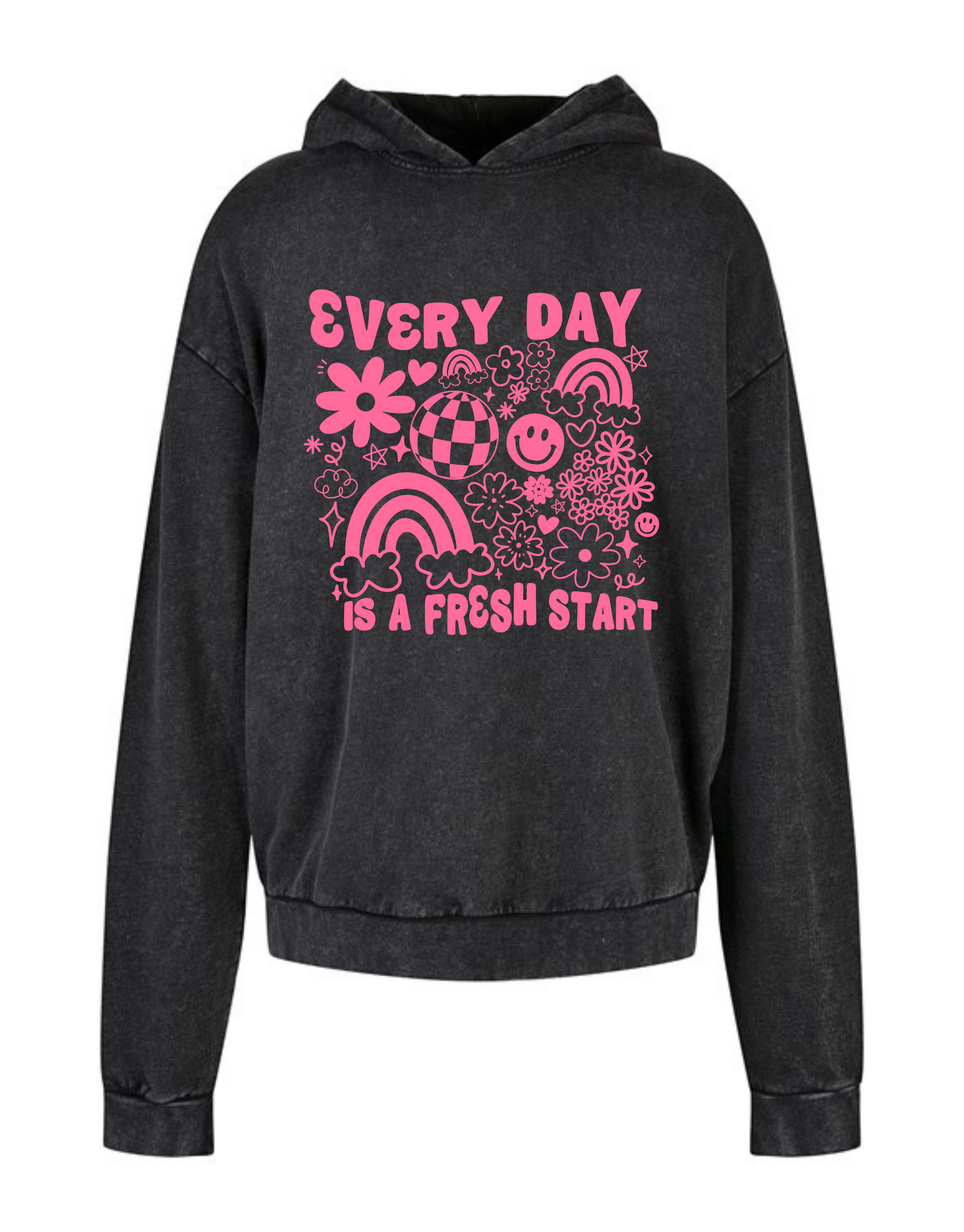 Black "Every Day Is A Fresh Start" Acid Wash Oversized Hoodie