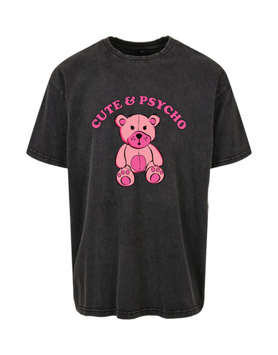 "Cute & Psycho" Bear Unisex Acid Wash T-Shirt