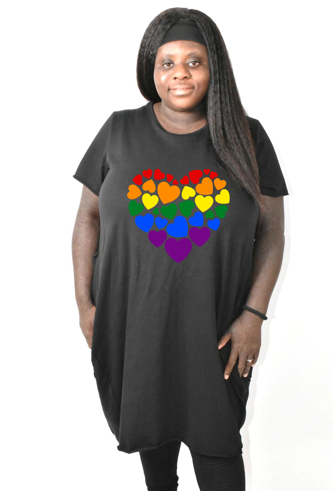Black Rainbow Heart Printed T-shirt Dress