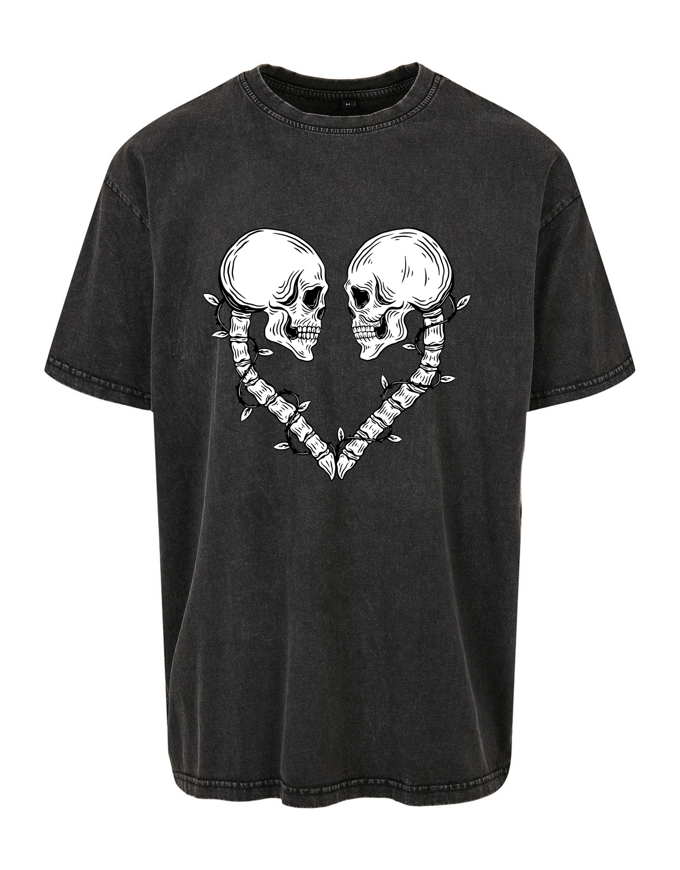 Black Skull Spine Heart Unisex Acid Wash T-Shirt