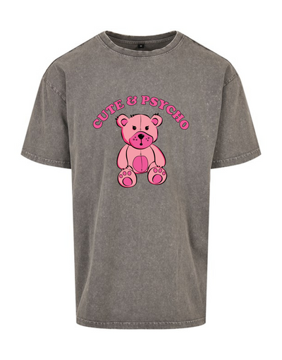 "Cute & Psycho" Bear Unisex Acid Wash T-Shirt