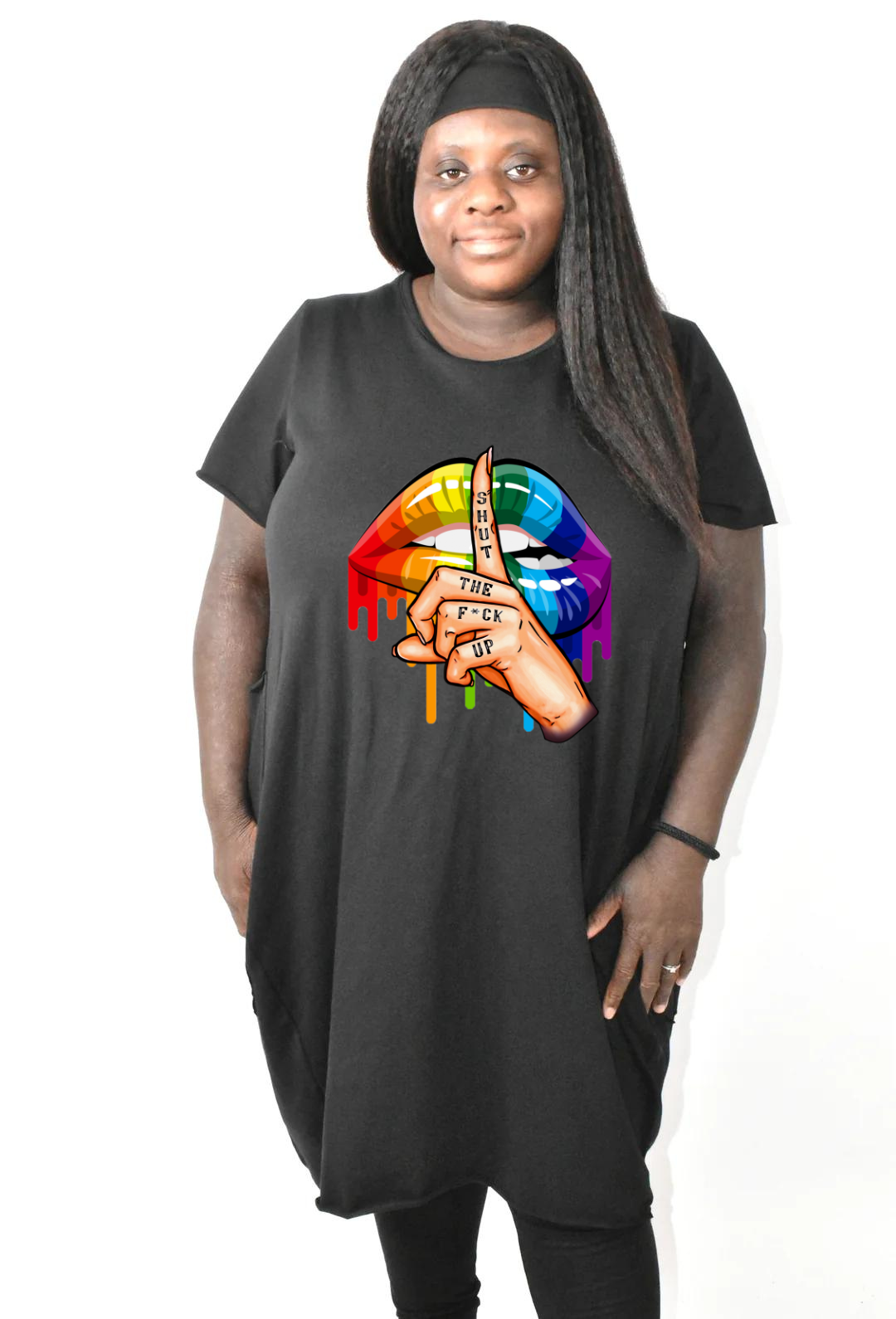Black Rainbow Lips Printed T-shirt Dress