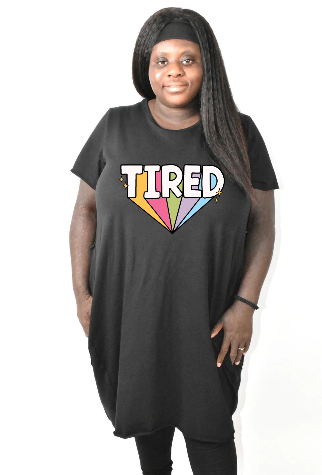 Black "Tired" Printed T-shirt Dress