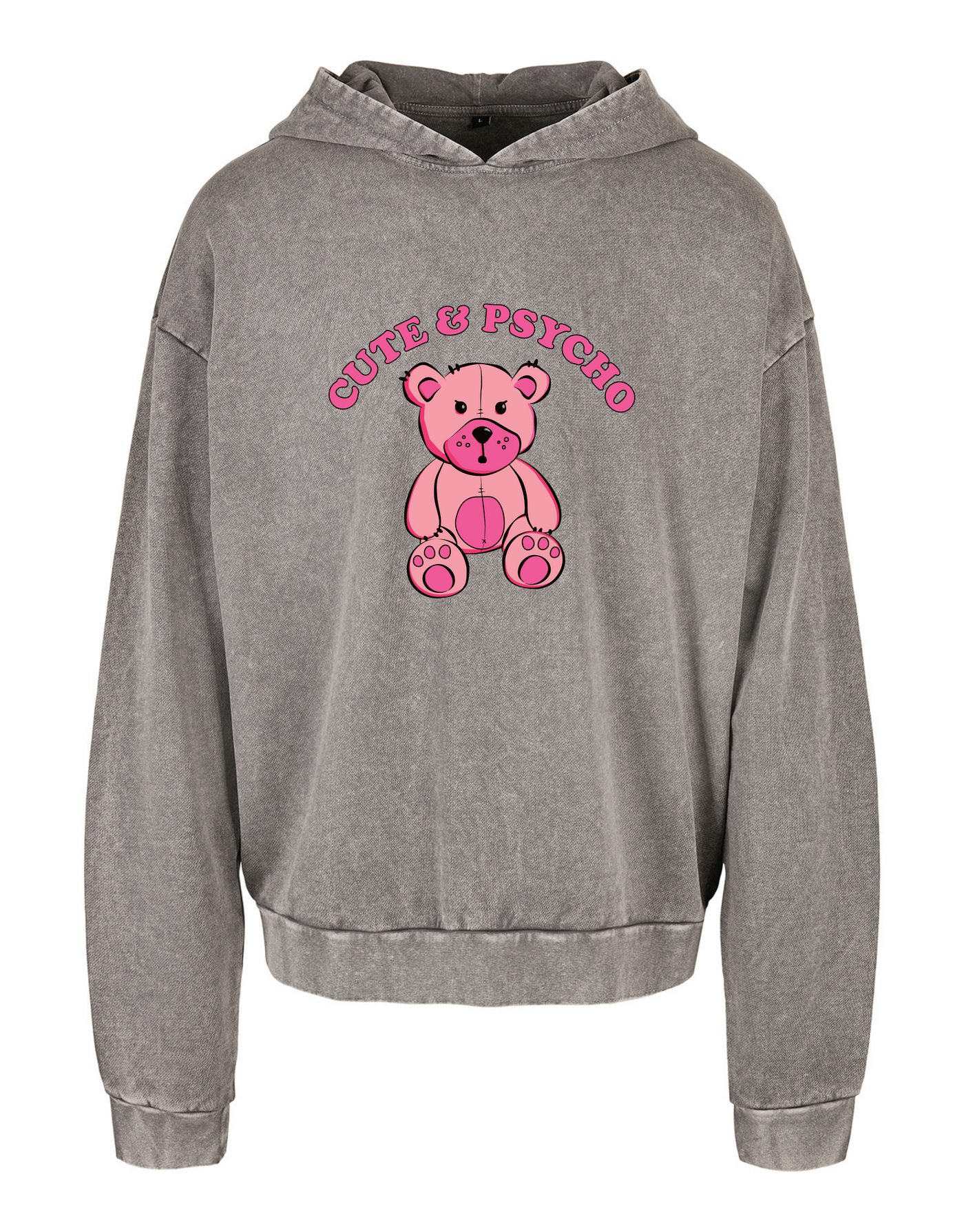 "Cute & Psycho" Bear Acid Wash Oversized Hoodie