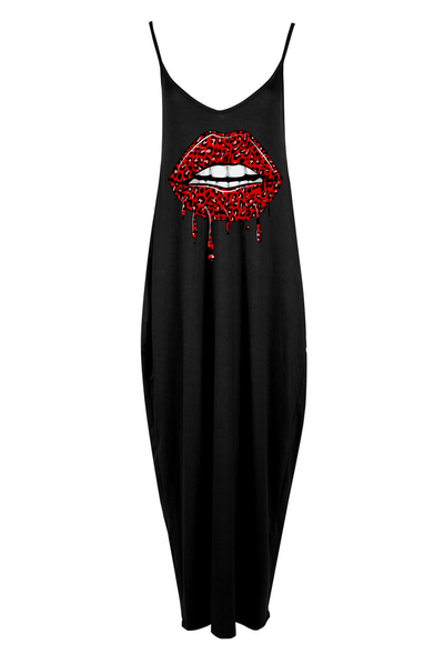 Black Leopard Drip Lip Printed Maxi Camisole Dress