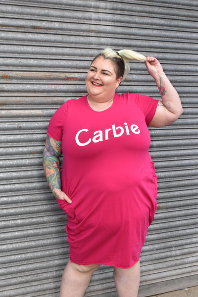 Hot Pink "Carbie" Slogan Slouch T-Shirt Dress