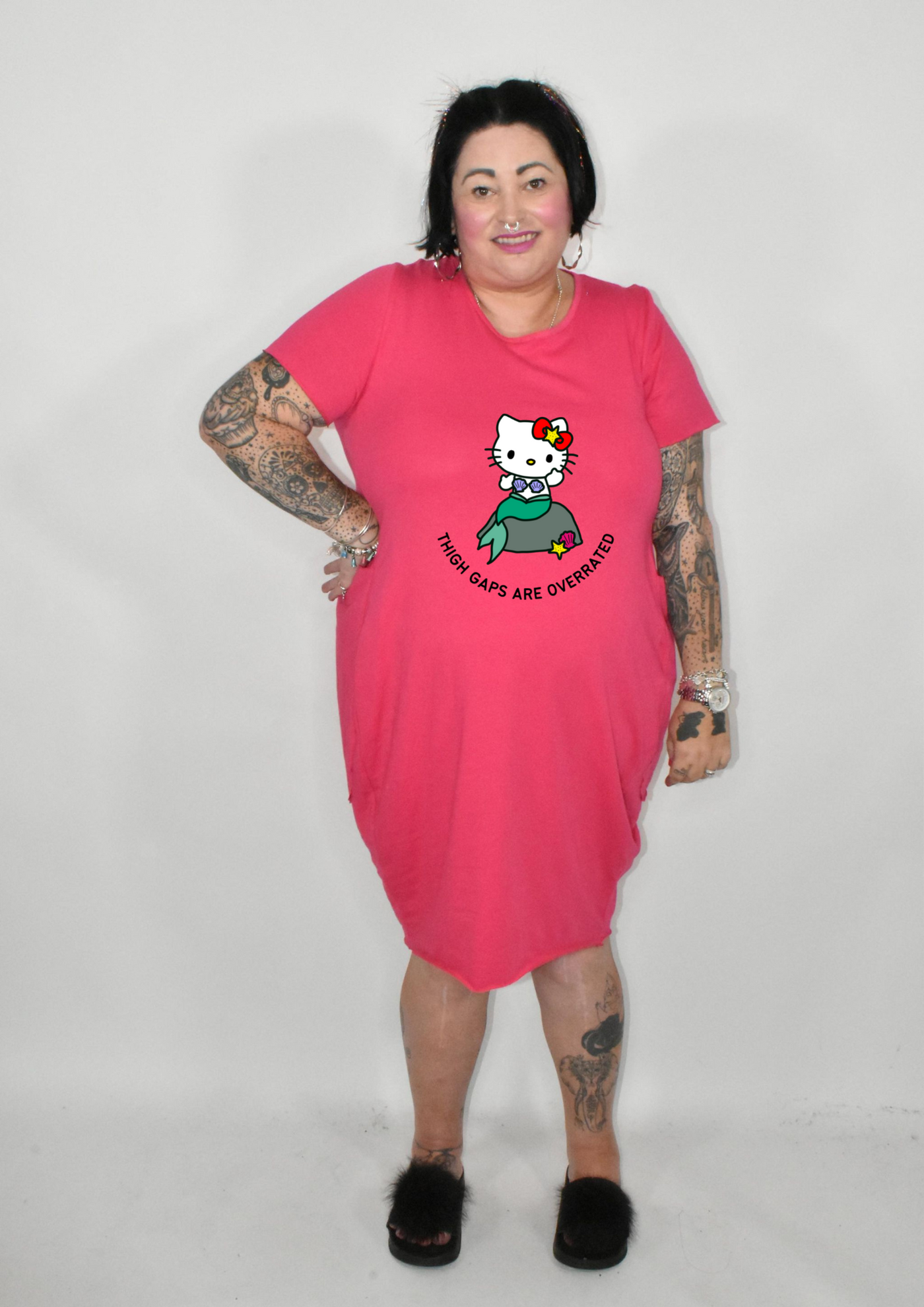 Hot Pink "Thigh Gaps Are Overrated ” Kitty T-shirt Dress
