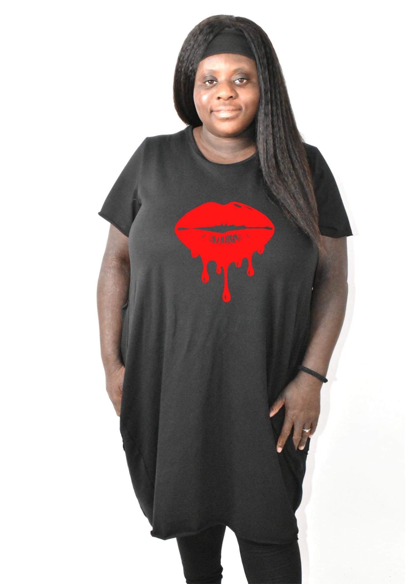 Black Drip Lip Printed T-shirt Dress