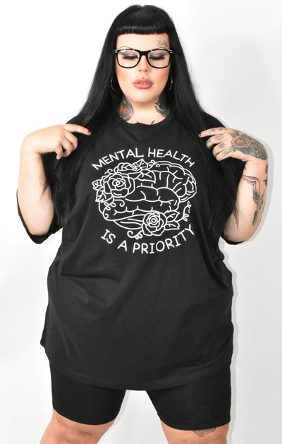 Black "Mental Health Is  A Priority" Unisex Slogan T-Shirt