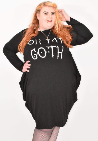 Black "Oh My Goth" Long Sleeved Pocket Slouch Midi Dress