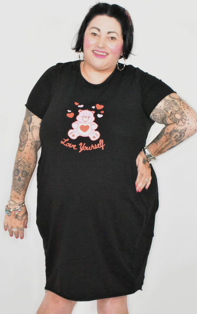 Black "Love Yourself" Bear T-shirt Dress