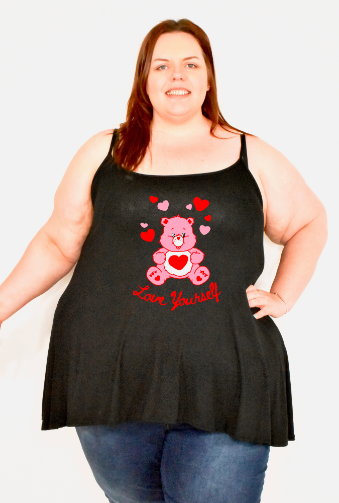 Black "Love Yourself" Bear Printed Longline Camisole