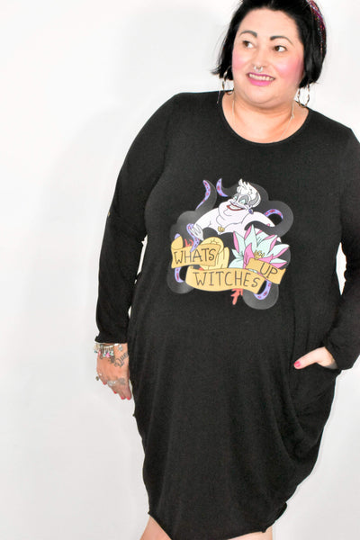 Black "What's Up Witches" Long Sleeved Pocket Slouch Midi Dress