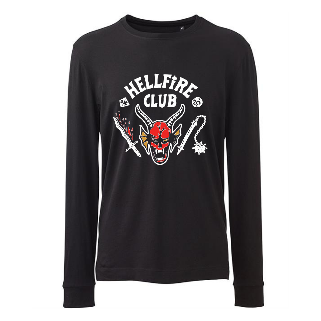 Black Long Sleeved Stranger “Hellfire Club” Unisex Slogan T-Shirt
