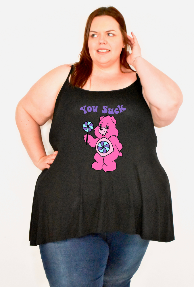 Black "You Suck" Bear Printed Longline Camisole