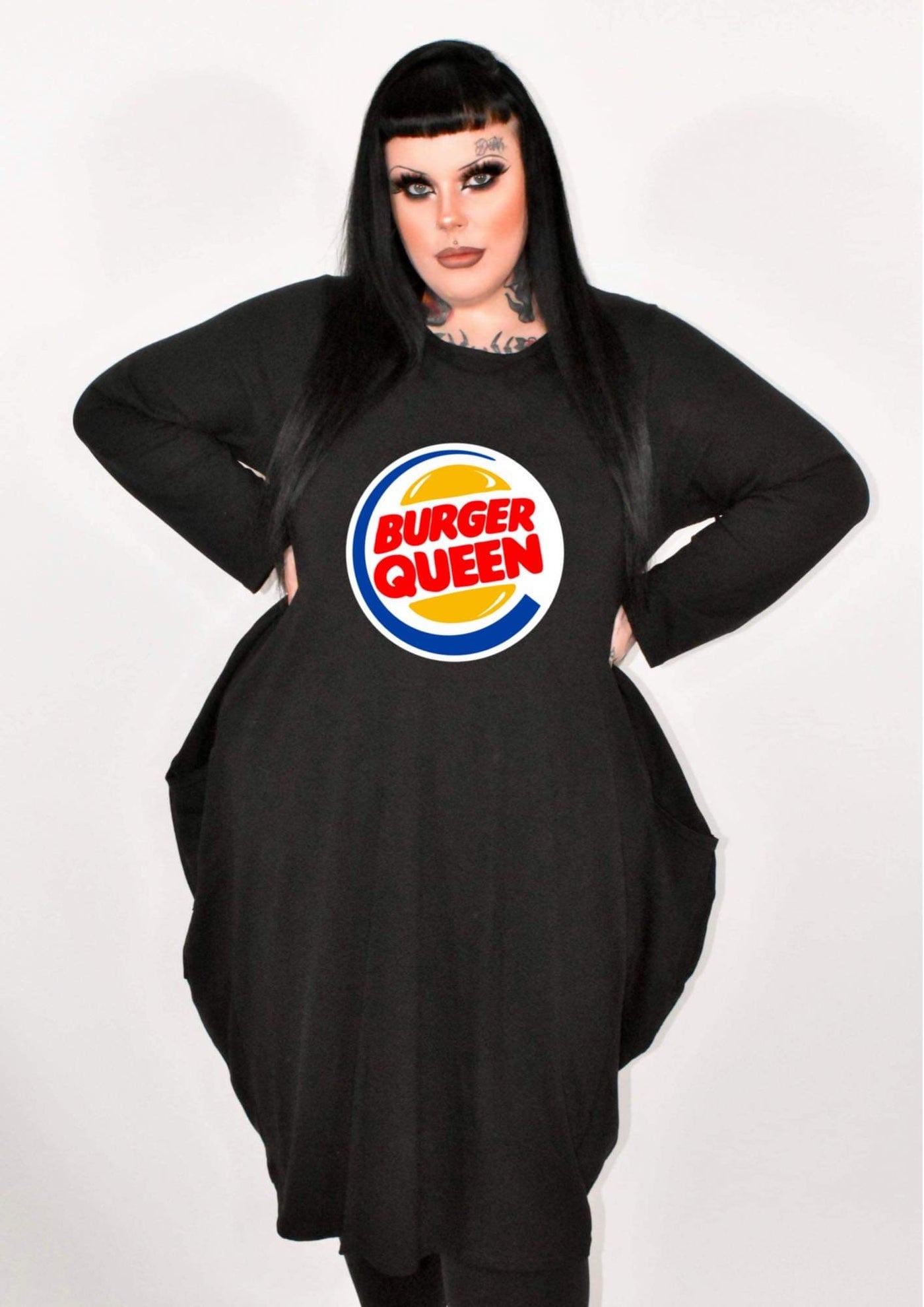 Black "Burger Queen" Long Sleeved Pocket Slouch Midi Dress