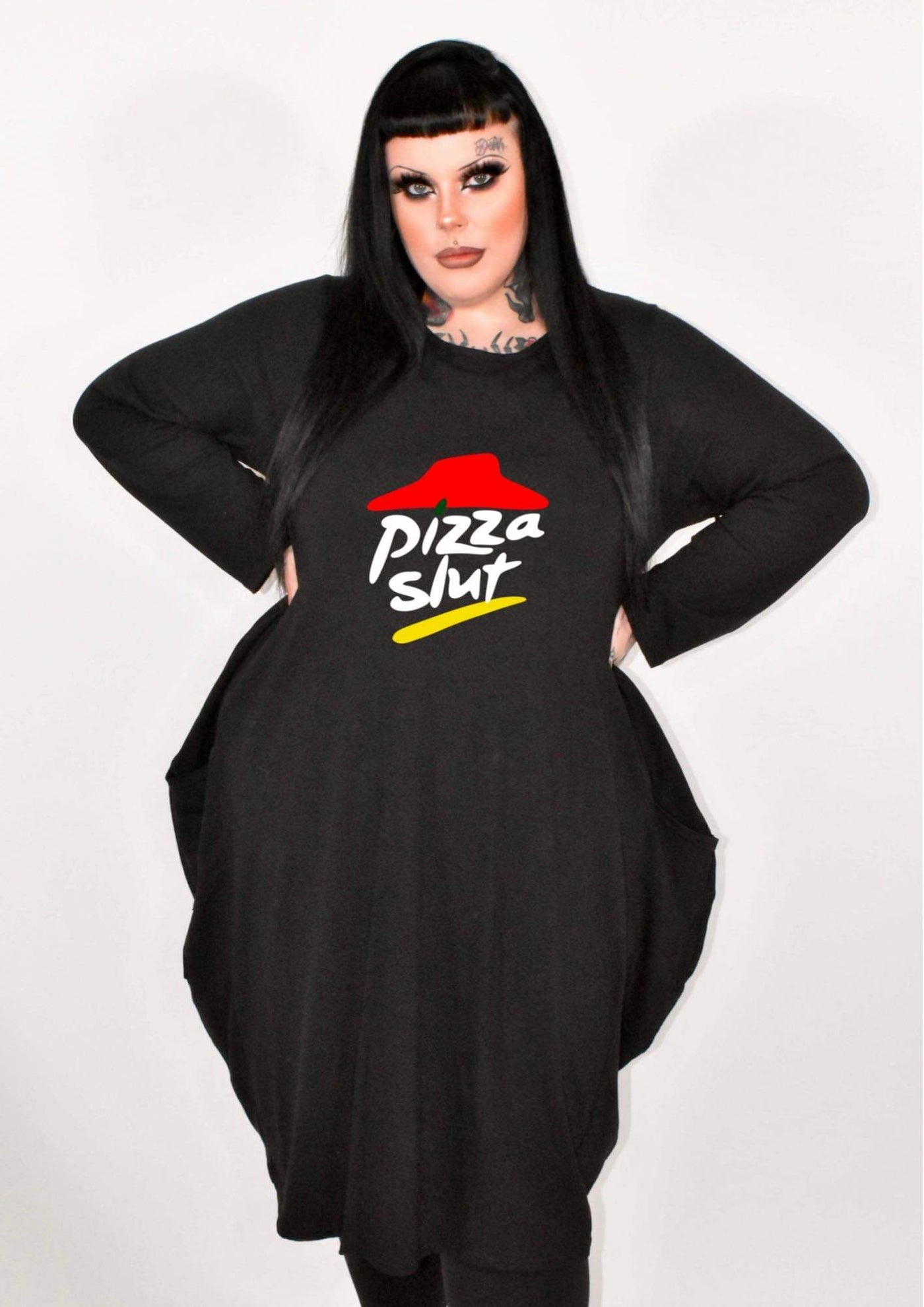 Black "Pizza Slut" Long Sleeved Pocket Slouch Midi Dress
