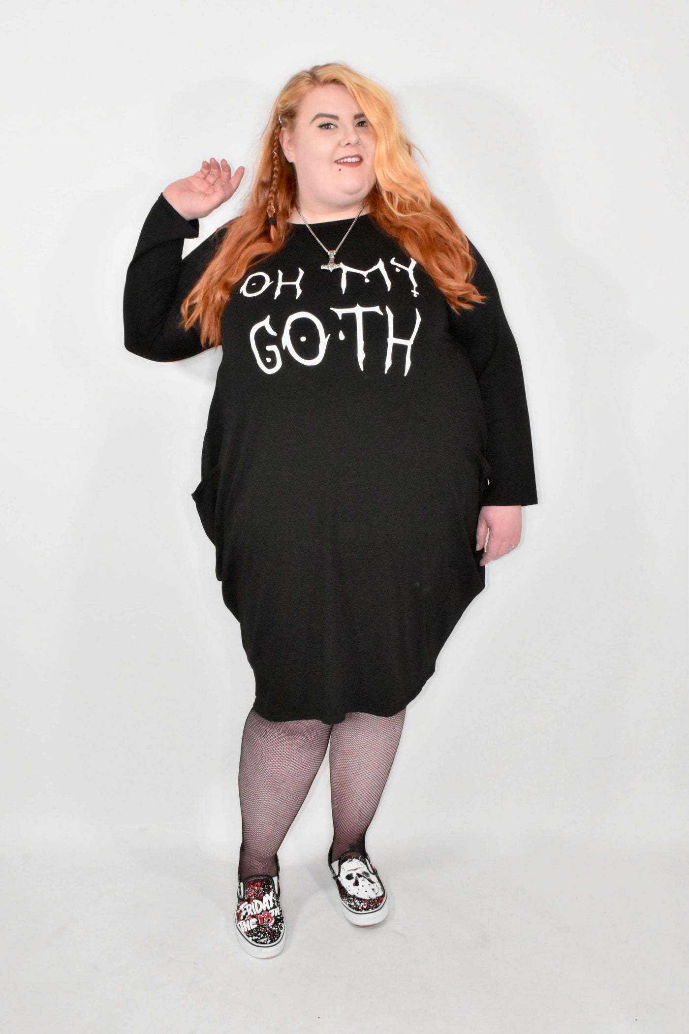 Black "Oh My Goth" Long Sleeved Pocket Slouch Midi Dress