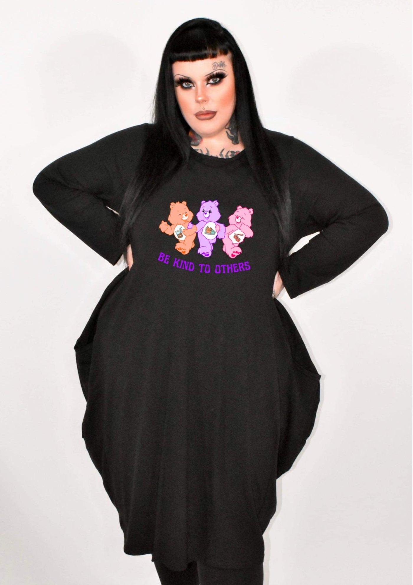 Black "Be Kind To Others" Bear Long Sleeved Pocket Slouch Midi Dress
