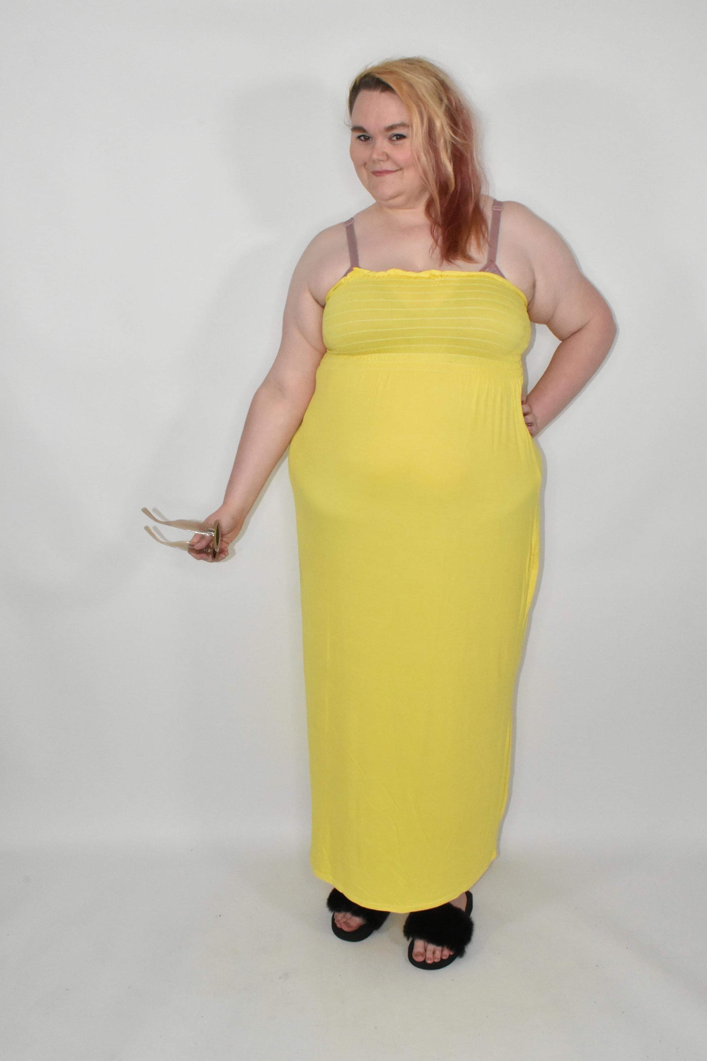 Yellow Shirred Bandeau Maxi Dress