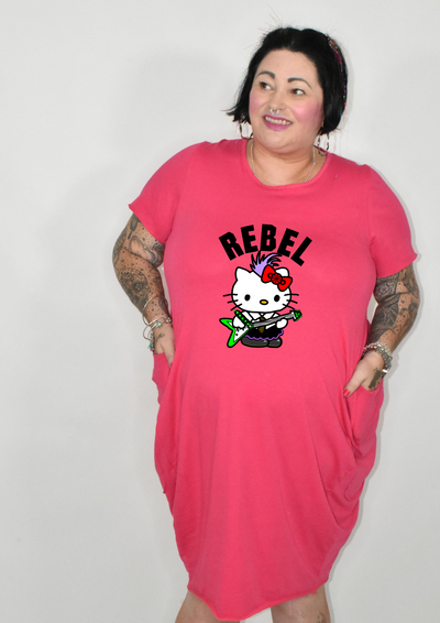 Hot Pink "Rebel” Kitty T-shirt Dress