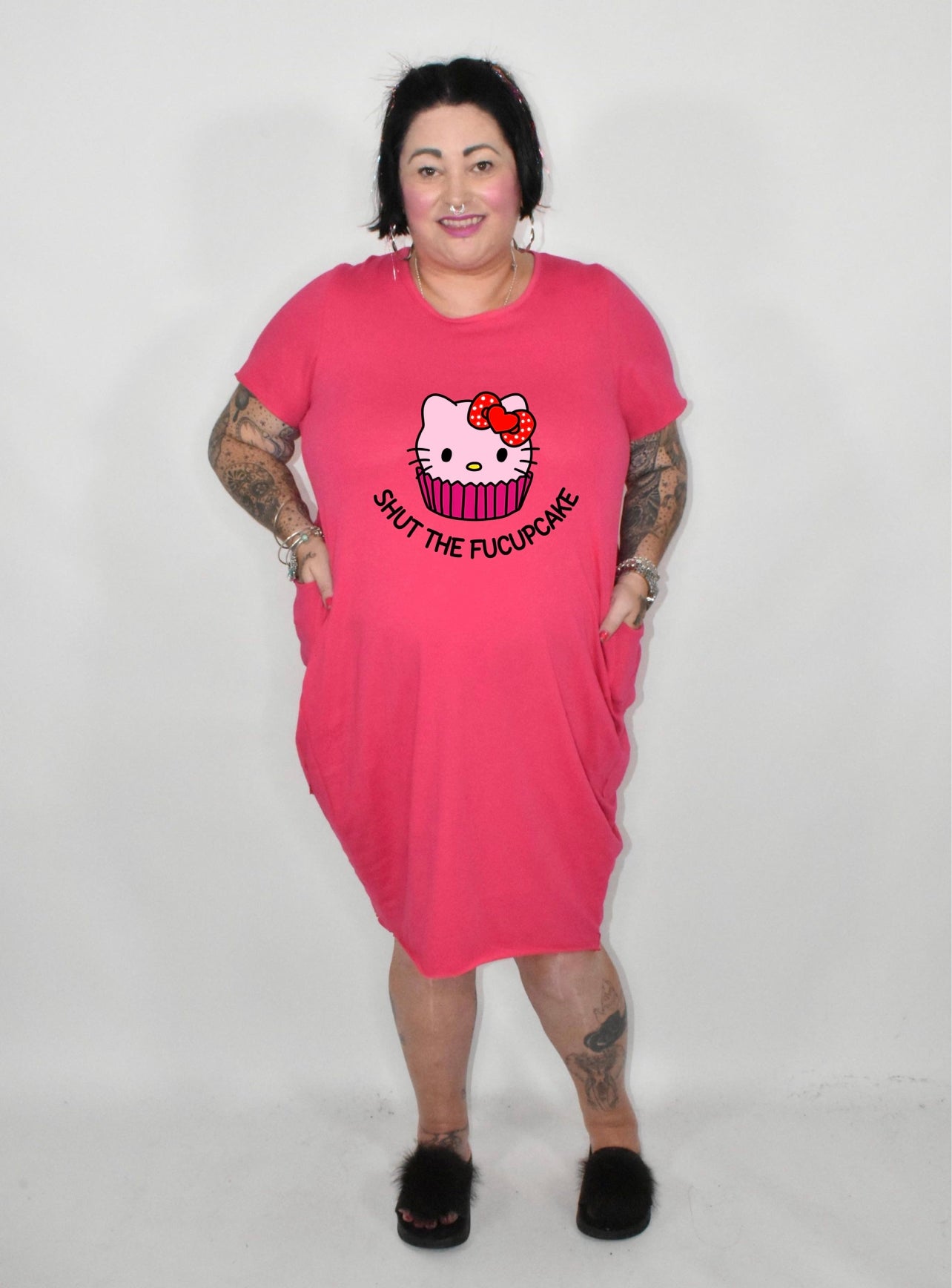 Hot Pink "Shut The Fucupcake” Kitty T-shirt Dress