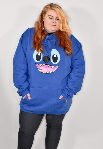 Blue Stitch Face Oversized Longline Hoodie