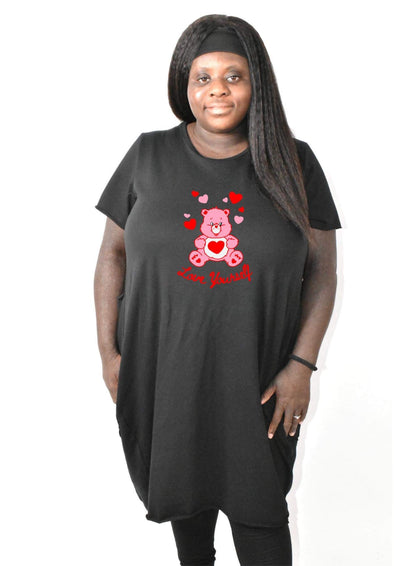 Black "Love Yourself" Bear T-shirt Dress