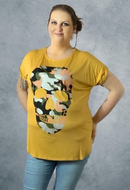 Mustard Glitter Camouflage Skull T-Shirt