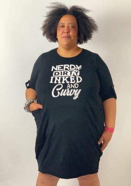 "Nerdy, Dirty, Inked & Curvy" Slogan T-shirt Dress - Topsy Curvy Ltd